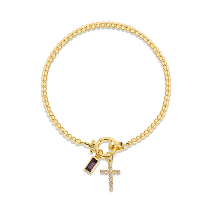Vintage Christian Jewelry Cross Birthstone Charm Bracelet 18K Gold Plated Beaded Chain Stretch Bracelets for Women Mother Gift