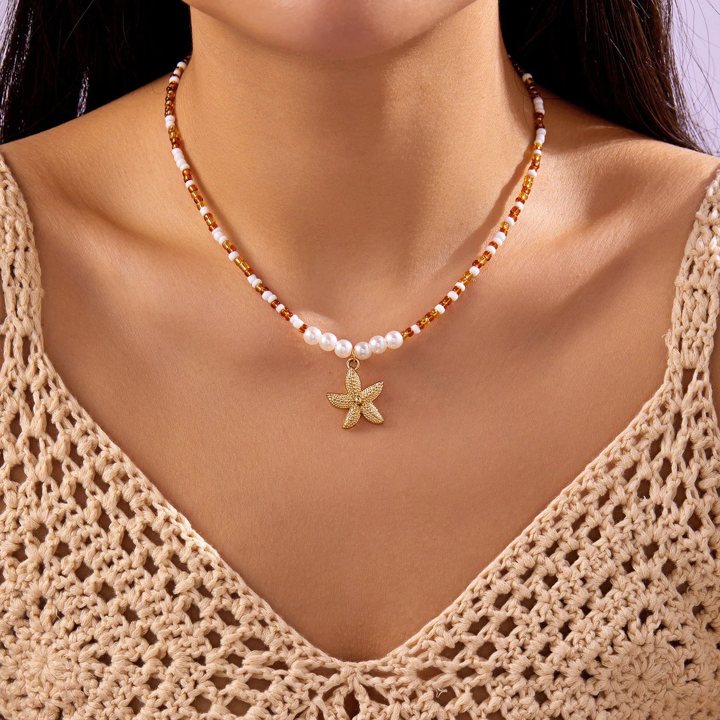 Bohemian Rice Beads Starfish Pendant Necklace for Women Handmade Imitation Pearl Colorful Beaded Choker Summer Beach Jewelry