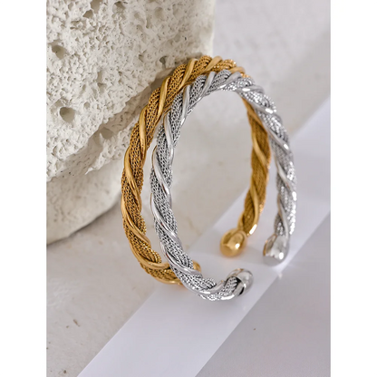 Yhpup Waterproof Stainless Steel Twisted Round Cuff Open Bracelet Bangle for Women Texture Metal Statement Jewelry Gift