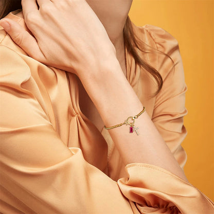 Vintage Christian Jewelry Cross Birthstone Charm Bracelet 18K Gold Plated Beaded Chain Stretch Bracelets for Women Mother Gift