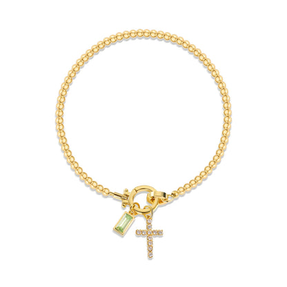 Vintage Christian Jewelry Cross Birthstone Charm Bracelet 18K Gold Plated Beaded Chain Stretch Bracelets for Women Mother Gift
