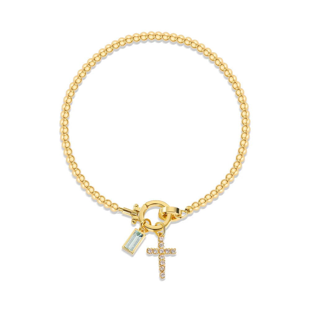 Vintage Christian Jewelry Cross Birthstone Charm Bracelet 18K Gold Plated Beaded Chain Stretch Bracelets for Women Mother Gift