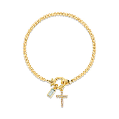 Vintage Christian Jewelry Cross Birthstone Charm Bracelet 18K Gold Plated Beaded Chain Stretch Bracelets for Women Mother Gift
